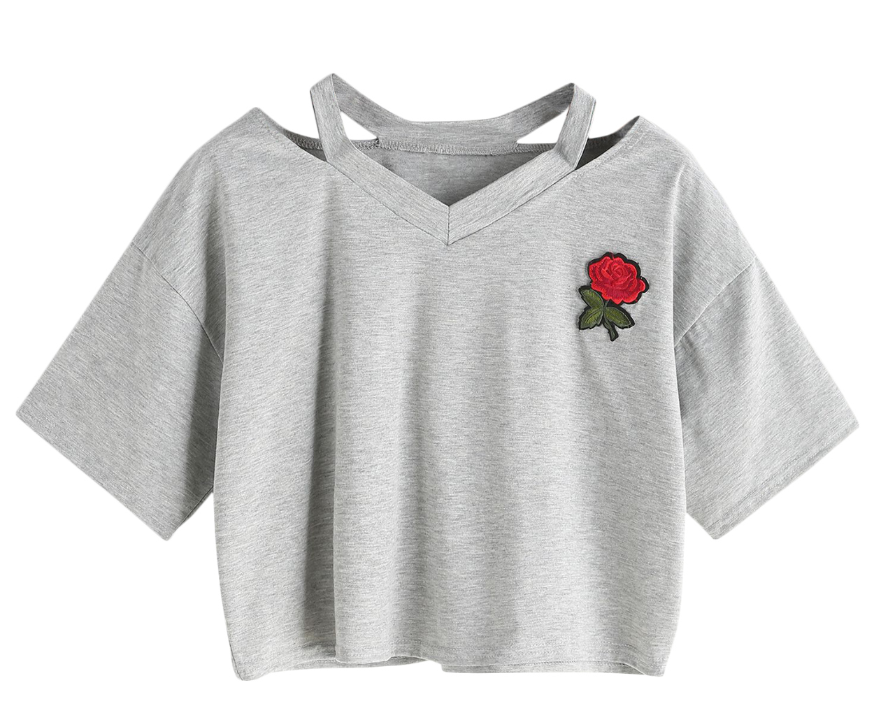刺繍入り半袖Tシャツ ショート丈 ネックデザインTシャツ 薔薇 カットソー Vネック 肌見せ スポーティー 夏 サマー シンプル トップス カジュアル | plusnao | 02
