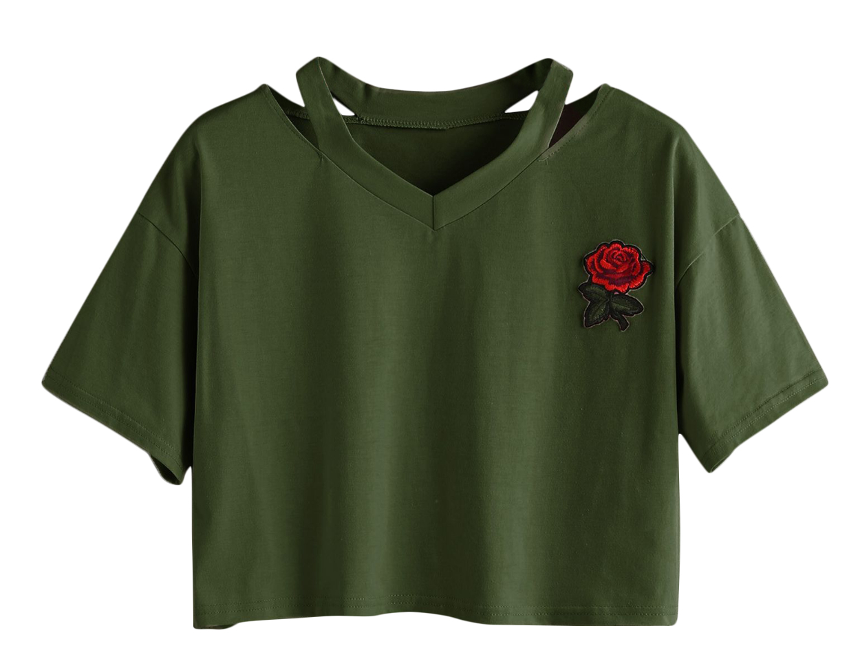 刺繍入り半袖Tシャツ ショート丈 ネックデザインTシャツ 薔薇 カットソー Vネック 肌見せ スポーティー 夏 サマー シンプル トップス カジュアル | plusnao | 06
