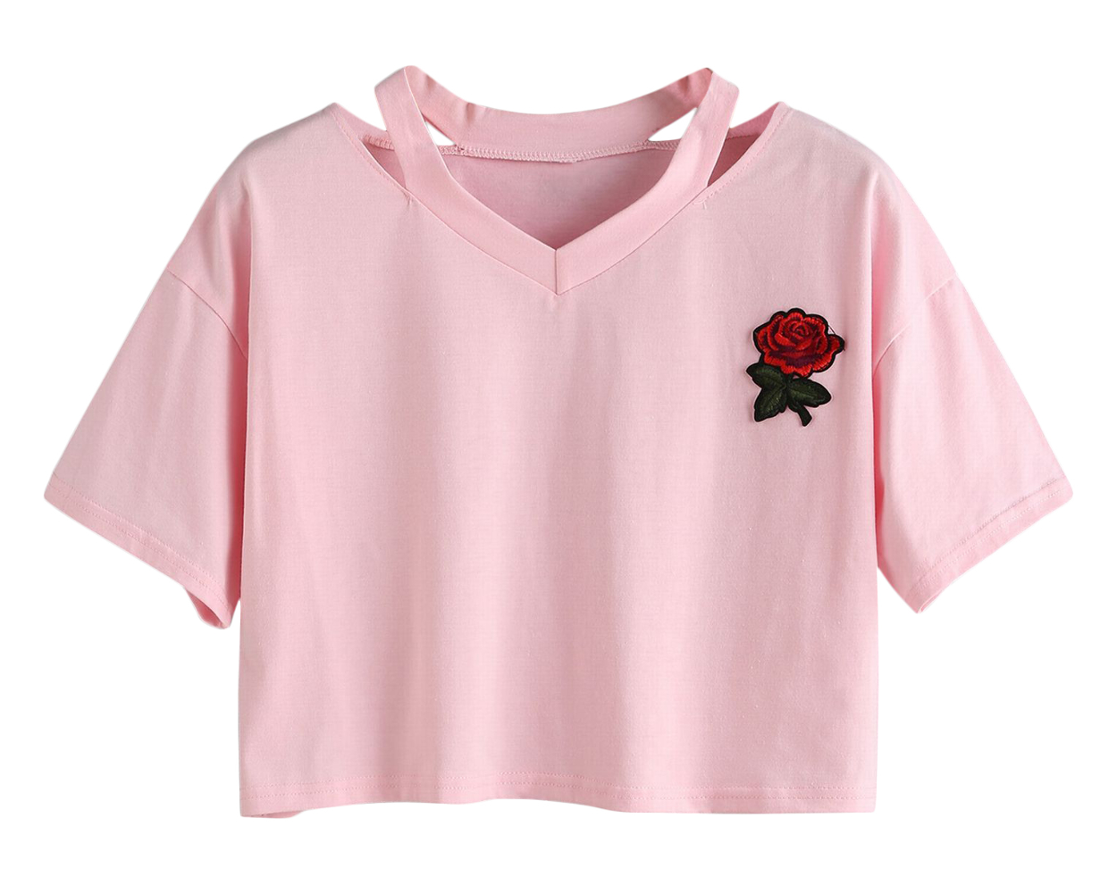 刺繍入り半袖Tシャツ ショート丈 ネックデザインTシャツ 薔薇 カットソー Vネック 肌見せ スポーティー 夏 サマー シンプル トップス カジュアル | plusnao | 05