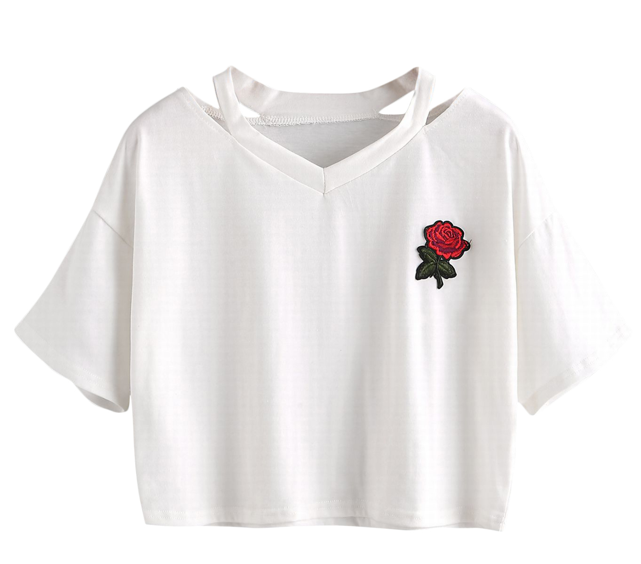 刺繍入り半袖Tシャツ ショート丈 ネックデザインTシャツ 薔薇 カットソー Vネック 肌見せ スポーティー 夏 サマー シンプル トップス カジュアル | plusnao | 04