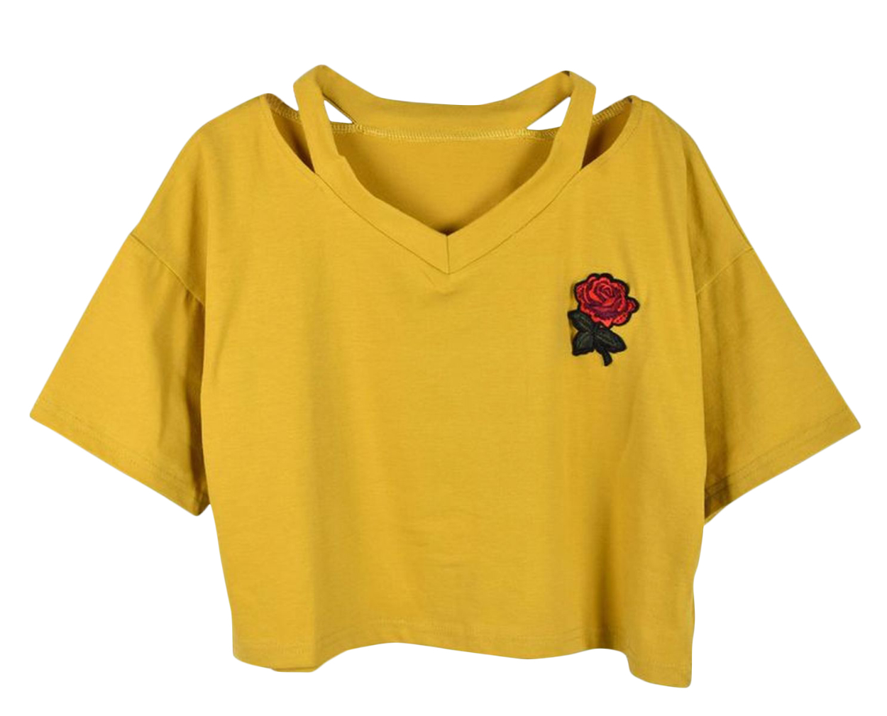 刺繍入り半袖Tシャツ ショート丈 ネックデザインTシャツ 薔薇 カットソー Vネック 肌見せ スポーティー 夏 サマー シンプル トップス カジュアル | plusnao | 03