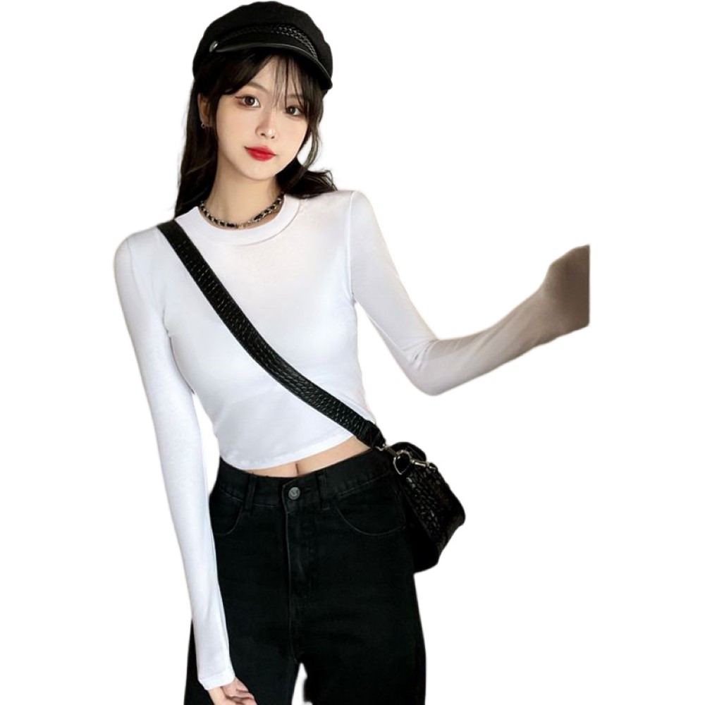 Tシャツ カットソー 長袖 ショート丈 レディース へそ出し トップス