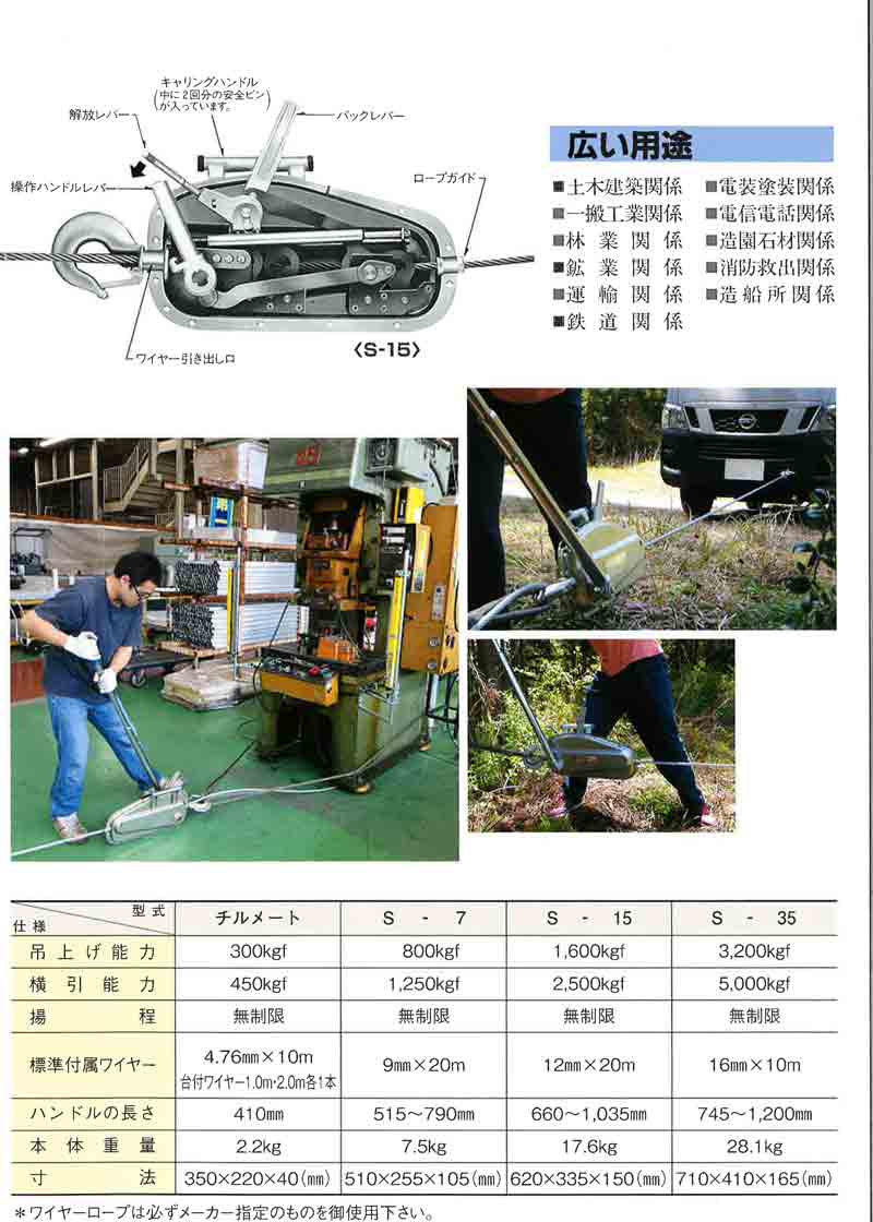 ワイヤー付 ウインチ スーパーチル S-7 ワイヤー付 簡単操作 重量物の吊り上げや横引きに 雪にはまった車の脱出にも 林業 HONKOD :  504126 : プラスワイズ建築 - 通販 - Yahoo!ショッピング
