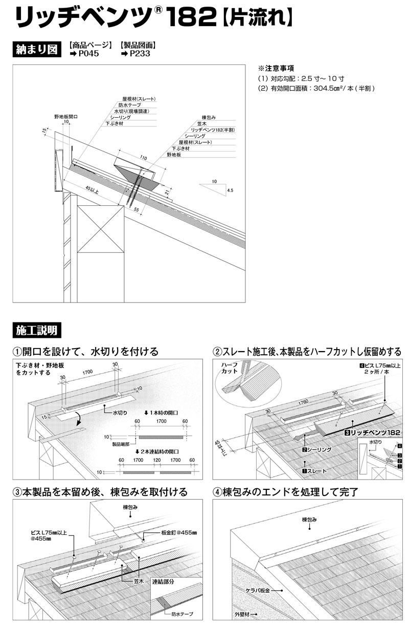 棟換気部材 通気部材 リッヂベンツ182 6本入 スレート 板金 シングル 屋根 切妻 下屋 片流れ 日本住環境 NJK 大型 アミD 個人宅配送不可