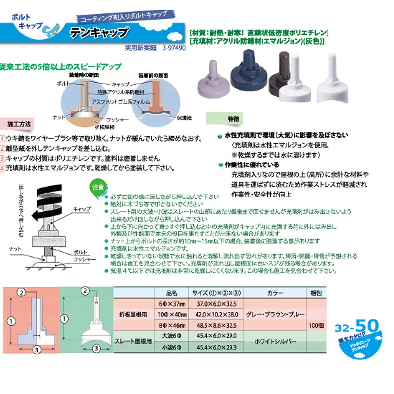 ボルトキャップ テンキャップ 100個入 コーティング剤入 グレー 8mm x