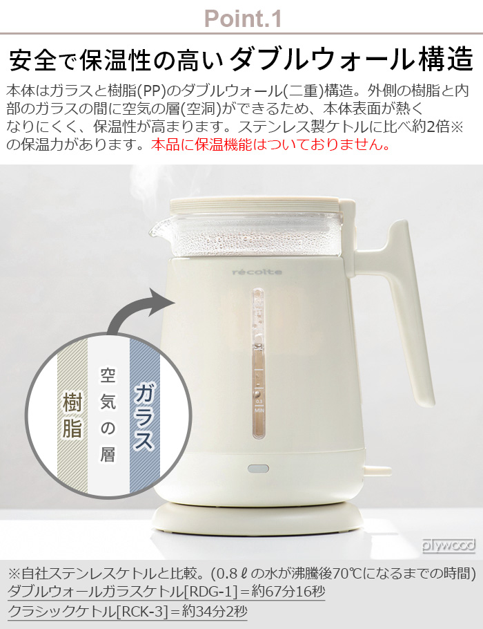 【選べる特典付】 電気ケトル レコルト ダブルウォールガラスケトル RDG-1 recolte Double Wall Glass Kettle ガラス おしゃれ 二重構造｜plywood｜07