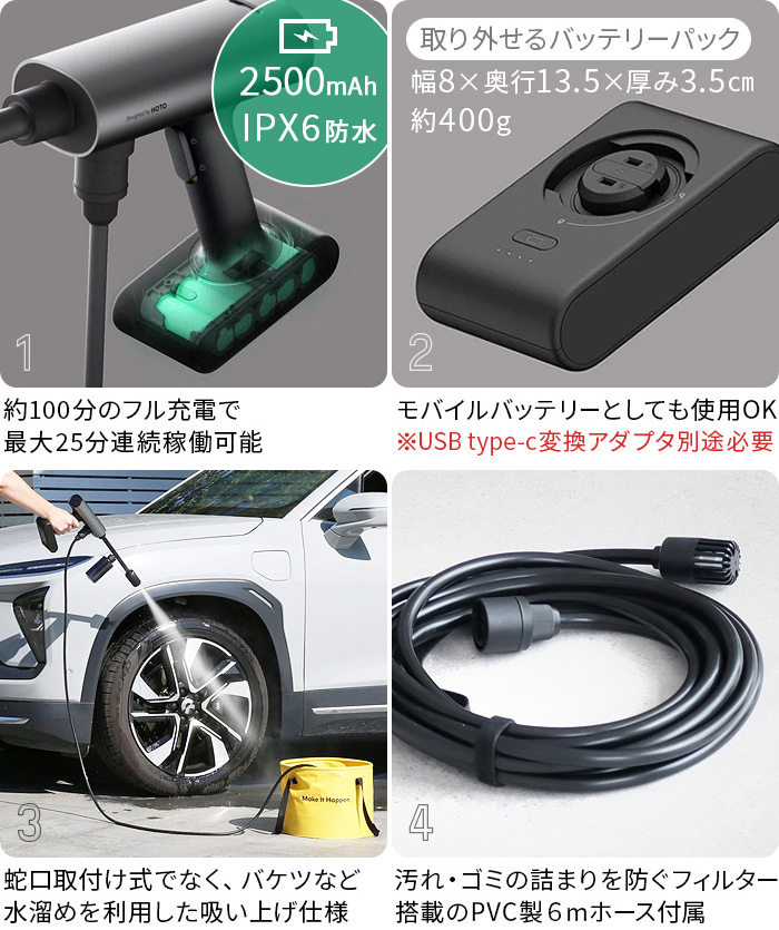 選べる特典付】高圧洗浄機 コードレス 充電式 バケツ HOTO 20V