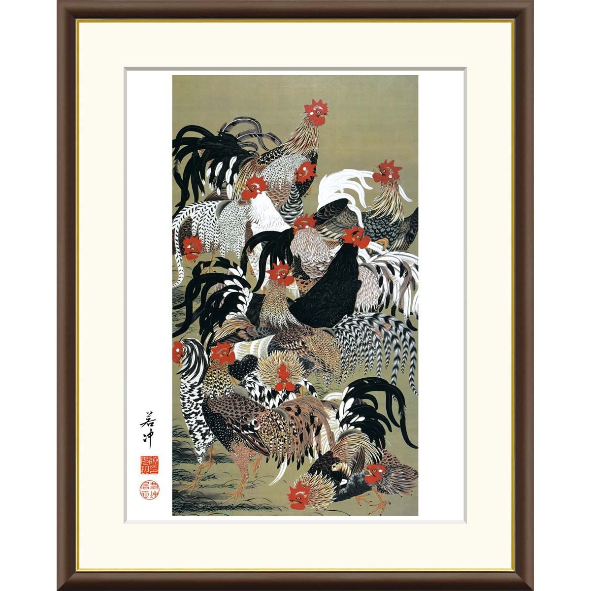 絵画 日本の名画 群鶏図 伊藤若冲 額入り インテリア アート 額絵 高精彩複製画 Ｆ6号サイズ 送料無料