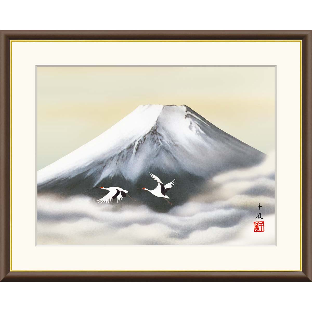 絵画 現代日本画 山水画 富士山 富士双鶴 熊谷千風 額入り インテリア アート 額絵 高精彩複製画 f4号サイズ 送料無料