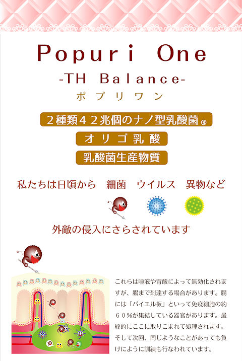 popurione-THbalance-2種類42兆個のナノ型乳酸菌 オリゴ乳酸 乳酸菌生産物質 私たちは日頃から細菌ウイルス異物など外敵の侵入にさらされています。これらは唾液や胃酸によって無効化されますが腸まで到達する場合があります。腸にはパイエル板といって免疫細胞の約60％が集結している器官があります。最終的にここに取りこまれて処理されます。