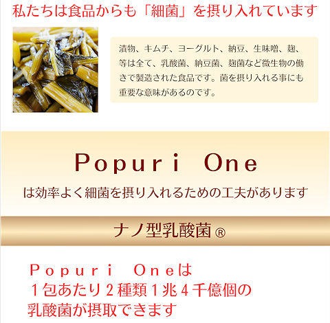 私たちは食品からも細菌を摂り入れています。漬物、キムチ、ヨーグルト、納豆、生味噌、麹、等は全て、乳酸菌、納豆菌、麹菌など微生物の働きで製造された食品です。菌を摂り入れる事にも重要な意味があるのです。popurioneは効率よく細菌を摂り入れるための工夫があります。ナノ型乳酸菌 popurioneは1包あたり2種類1兆4千億個の乳酸菌が摂取できます。
