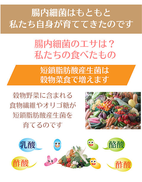 腸内細菌はもともと私たち自身が育ててきたのです。腸内細菌のエサは？私たちの食べもの。短鎖脂肪酸産生菌は穀物菜食で増えます。穀物野菜に含まれる食物繊維やオリゴ糖が短鎖脂肪酸産生菌を育てるのです。