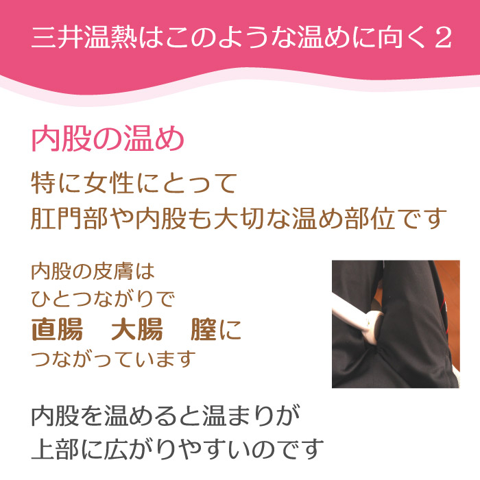 三井温熱はこのような温めに向く。内股の温め。内股は直腸、大腸、膣に直結する。