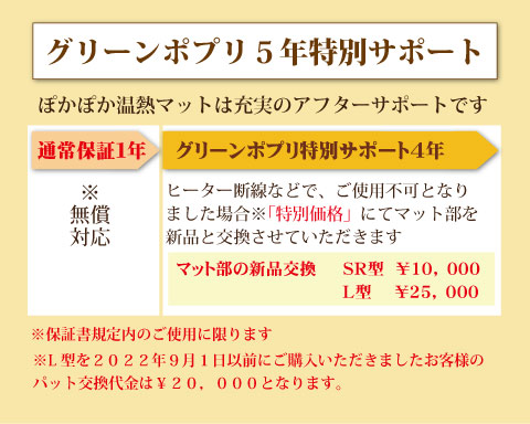 ぽかぽか温熱マットの５年の特別サポート