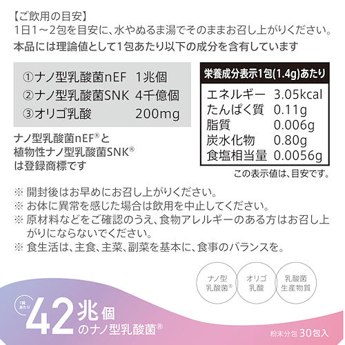 popurioneお召し上がり方の目安 1日1包から2包を水などでお召し上がりください。ナノ型乳酸菌nEFと植物性ナノ型乳酸菌SNKは登録商標です。直鎖状オリゴ乳酸。