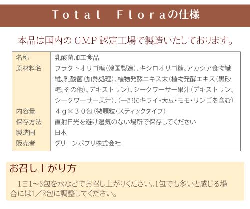 育てるためのTotalFlora、フラクトオリゴ糖、キシロオリゴ糖、食物繊維、75種植物発酵エキス、TotalFloraの仕様について。製造工場、本品は国内のGMP認定工場で製造いたしております。名称、乳酸菌加工食品、原材料名、フラクトオリゴ糖(国内製造)、キシロオリゴ糖、アカシア食物繊維、乳酸菌(加熱処理)、 植物発酵エキス末(植物発酵エキス(黒砂糖、その他)、デキストリン)、シークワーサー果汁 (デキストリン、シークワーサー果汁)、(一部にキウイ・大豆・モモ・リンゴを含む)、