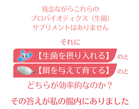 残念ながらこれらのプロバイオティクス(生菌)サプリメントはありません。それに生菌を摂り入れるのと餌を与えて育てるのとどちらが効率的なのか。その答えが私の腸内にありました。