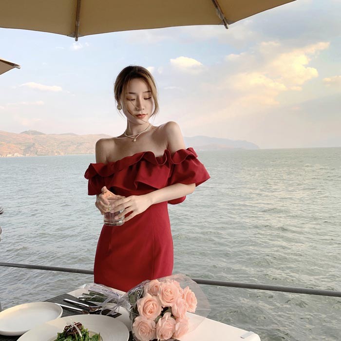 パーティードレス ミディアム 膝丈 オフショルダー ドレス 大人