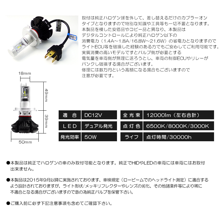 C25系 前期 セレナ LED ヘッドライト H4 Hi/Lo切替 50W 12000ルーメン