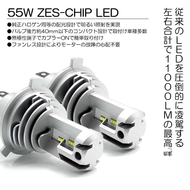 LED ヘッドライト H4 Hi/Lo切替 55W 11000ルーメン ZESチップ搭載 リフレクター拡散 電動ファン 6500K/ホワイト