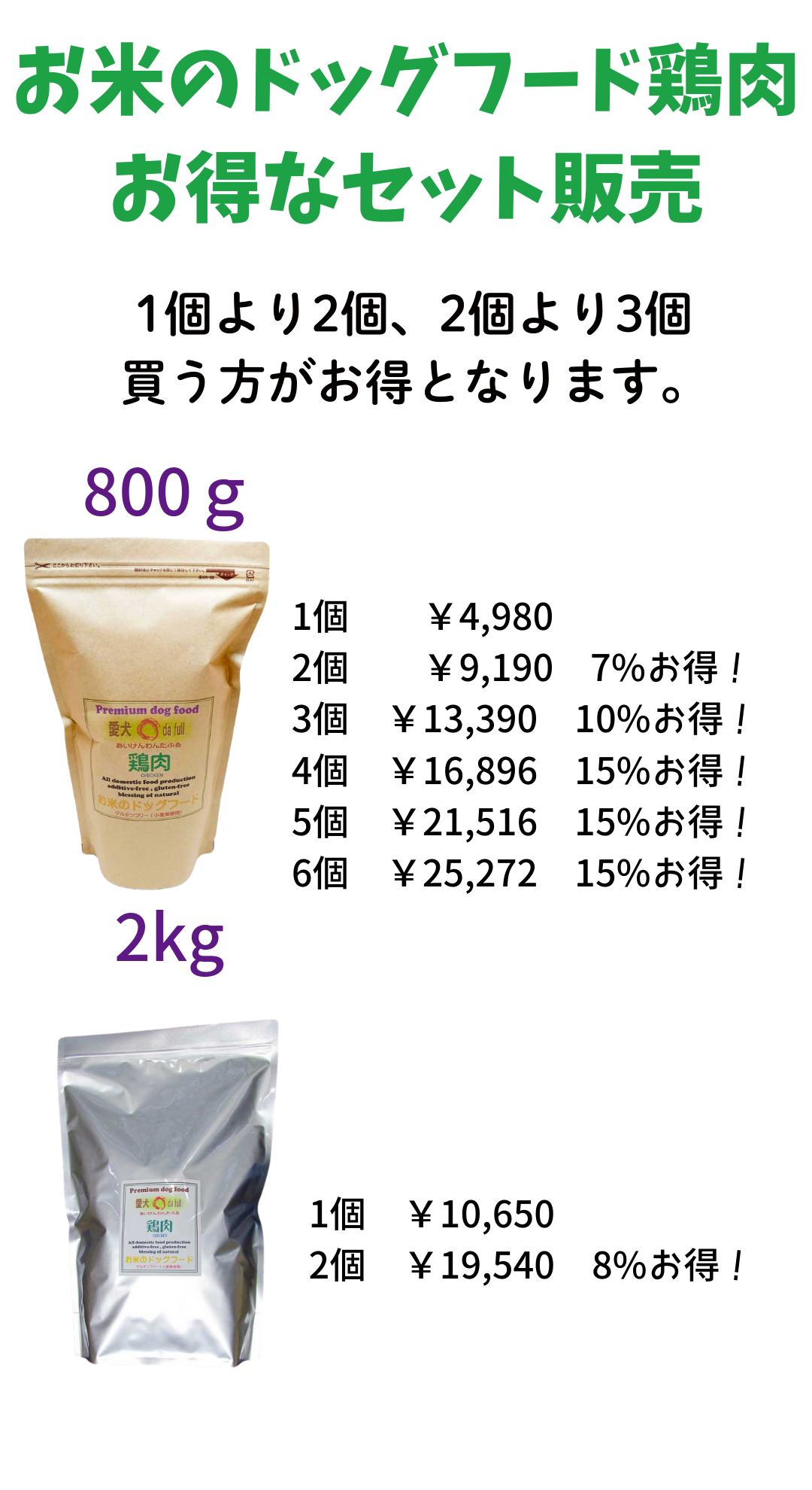 国産 無添加 自然食 健康 こだわり食材 お米の ドッグフード 鶏肉タイプ 1.6kg 800ｇ 2個セット ドックフード 犬用全年 齢対応 完全栄養食の画像