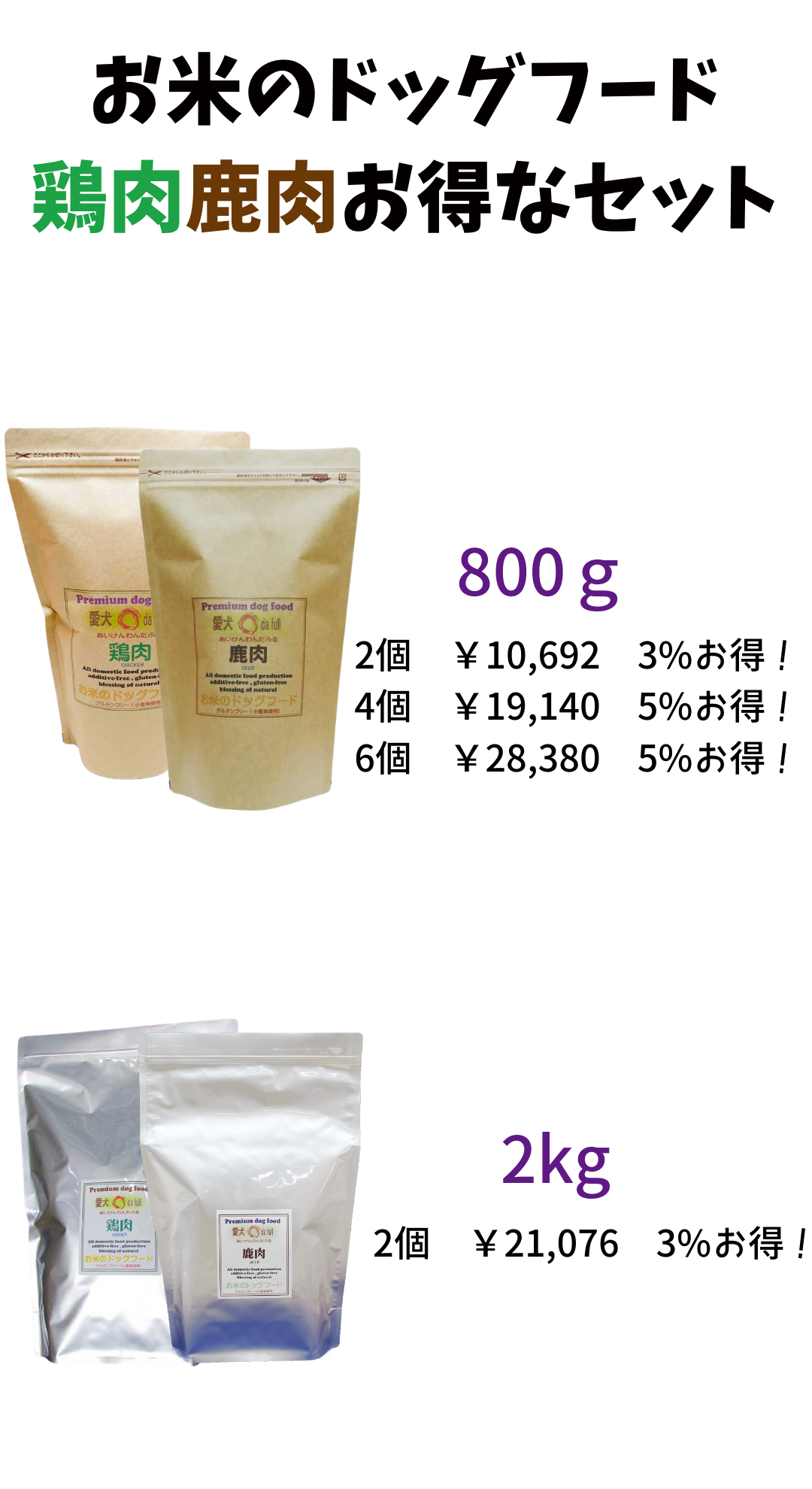 国産 無添加 健康 こだわり食材 グルテンフリー お米のドッグフード 鶏肉・鹿肉 3.2kg (800ｇ 4個)セット ドックフード （犬用全年齢対応）