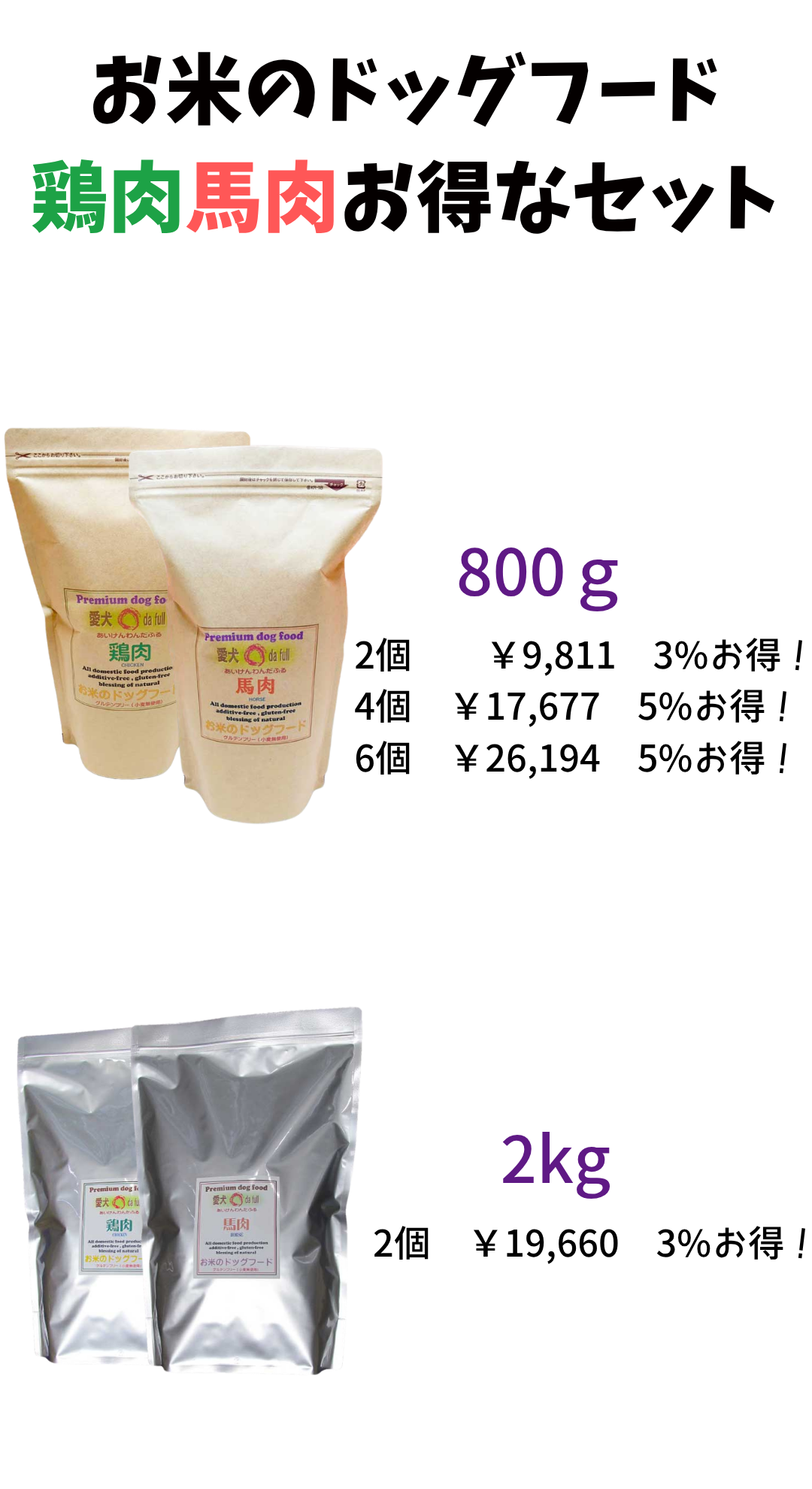 国産 無添加 自然食 健康 こだわり食材  【 お米のドッグフード 】 鶏肉・馬肉 800ｇ ２個セット (1.6kg) ドックフード （犬用全年齢対応） | 愛犬ワンダフル | 05