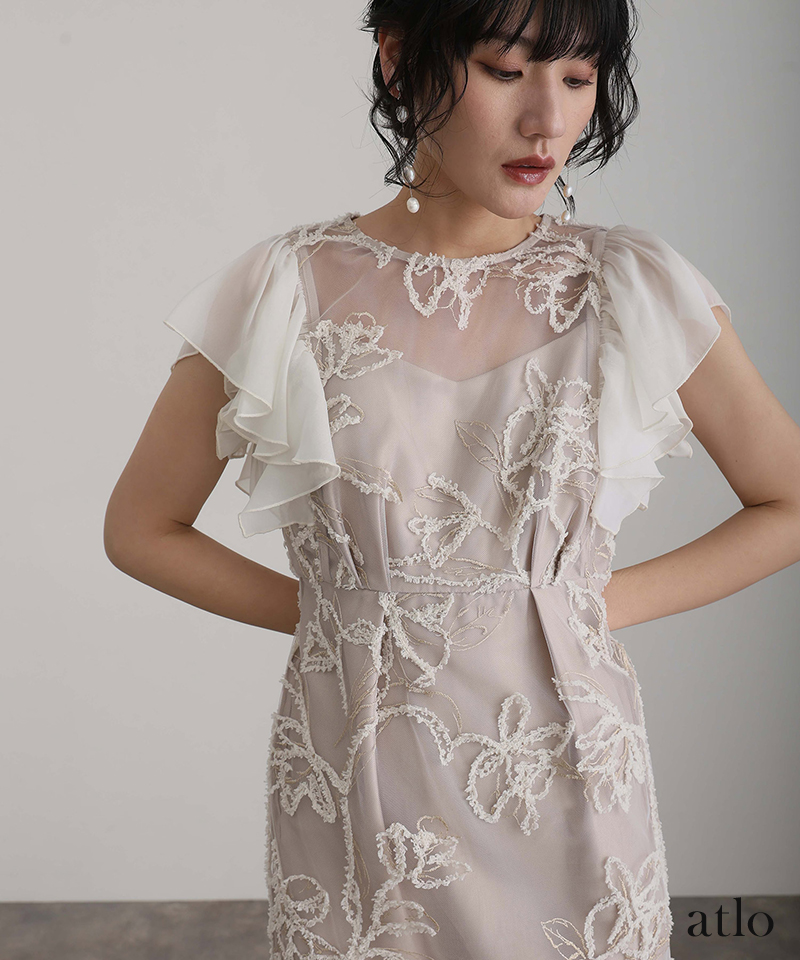 フェザー フラワー パーティードレス 体型カバー ワンピース 結婚式 オケージョン 大きいサイズ 小柄 ドレス フォーマル フォーマルドレス