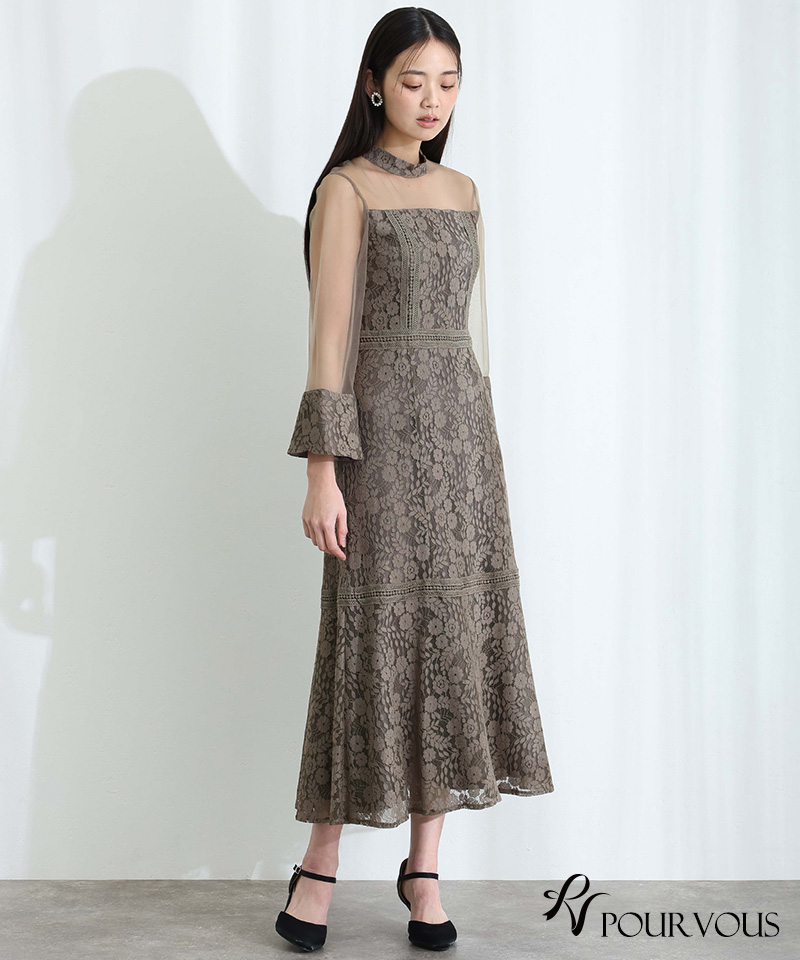 PourVous（プールヴー） ベルスリーブ レースミディアム ワンピース