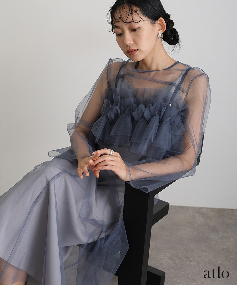 チュールレイヤード ドレス ワンピース 結婚式 二次会 黒 [atlo] atlo（アトロ） チュール レイヤード パーティードレス オケージョン