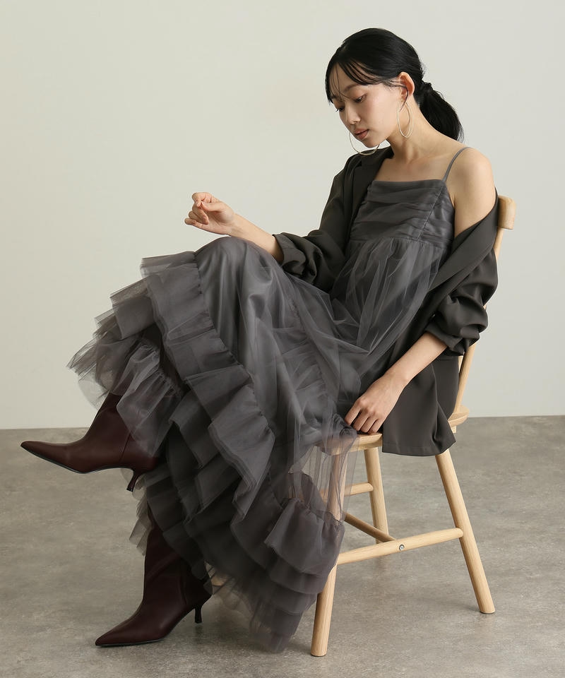 ボリューム チュール ジャケットセット ワンピース パーティードレス オケージョン 大きいサイズ 結婚式 ドレス かっこいい お呼ばれの画像