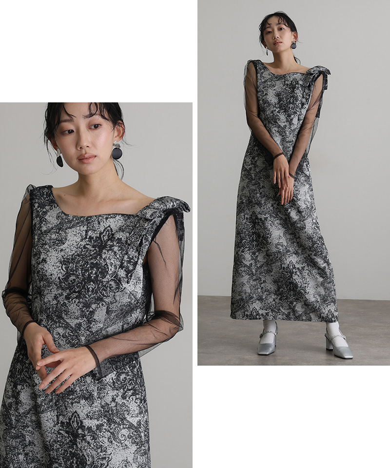 atlo（アトロ） ジャガード ショルダーリボン パーティードレス