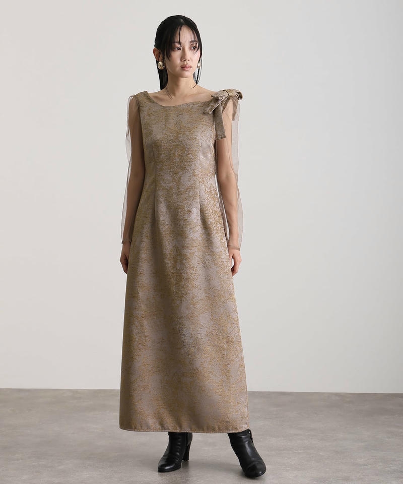 520252025 ジャガード ショルダーリボン パーティードレス オケージョン ワンピース 結婚式 大きいサイズ かっこいい ドレス 体型カバー オケージョンドレス 10代 20代 30代 お呼ばれ フォーマル atlo（アトロ） ジャガード ショルダーリボン パーティードレス