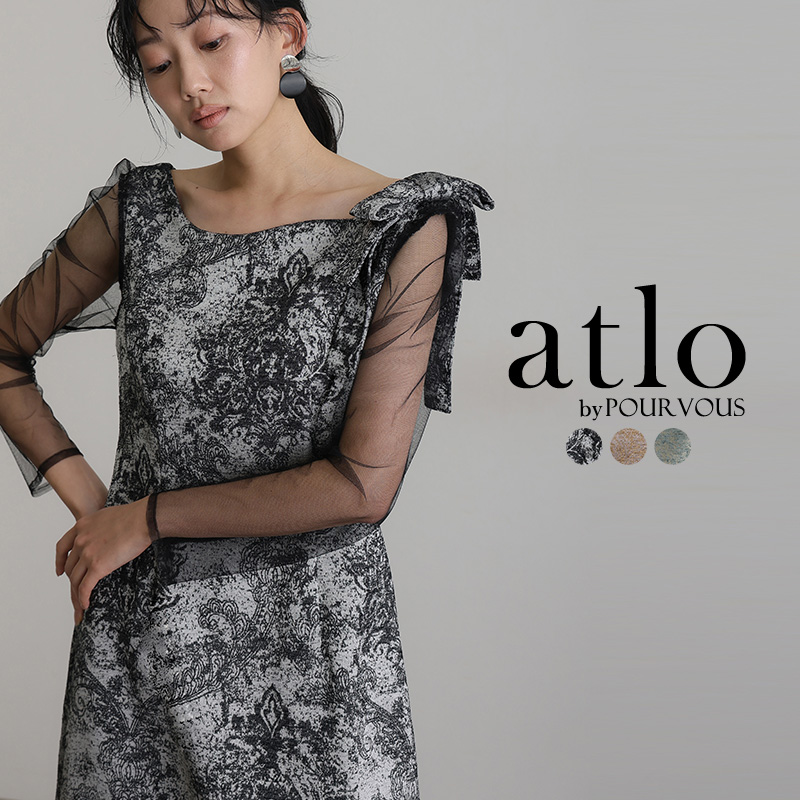 520252025 ジャガード ショルダーリボン パーティードレス オケージョン ワンピース 結婚式 大きいサイズ かっこいい ドレス 体型カバー オケージョンドレス 10代 20代 30代 お呼ばれ フォーマル atlo（アトロ） ジャガード ショルダーリボン パーティードレス