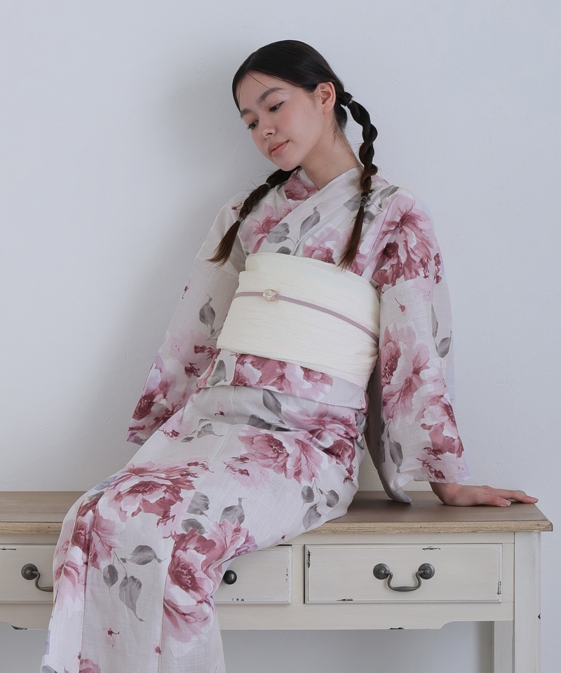 PourVous（プールヴー） 桃色バラの彩り 浴衣 洗える浴衣 レディース