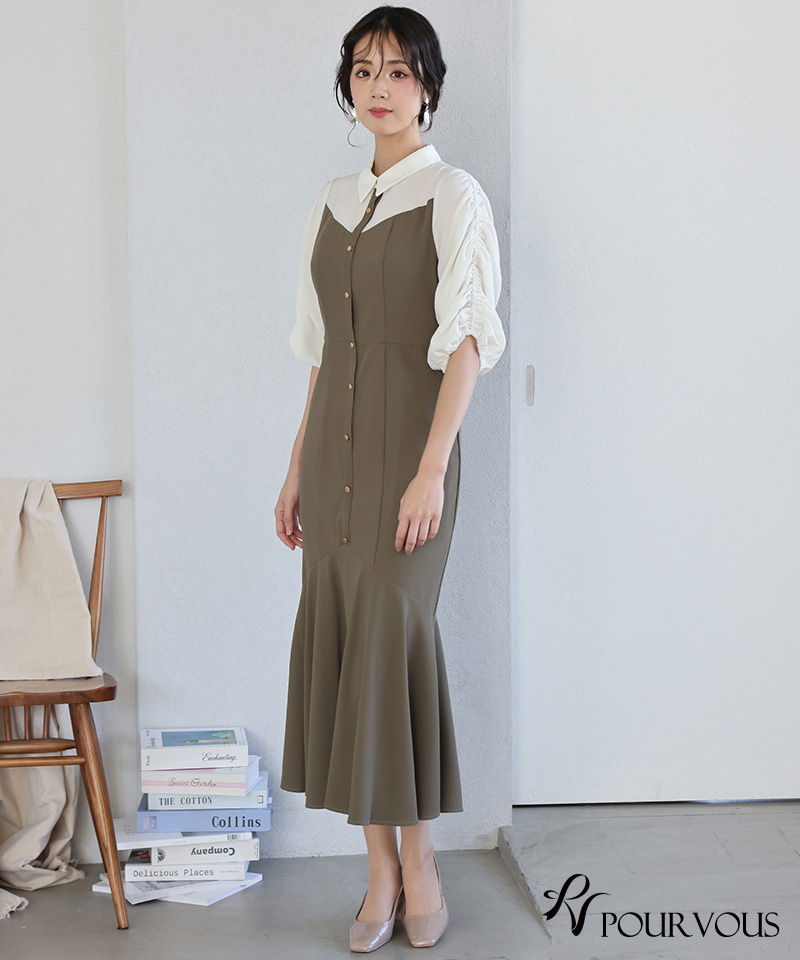 L　 結婚式　ドレス　フォーマル　ワンピース　個性的　韓国　襟付き　ミニ丈 instock]【AIDMAX】ミニ/ドレス/ワンピース/ブルー/袖あり/長袖
