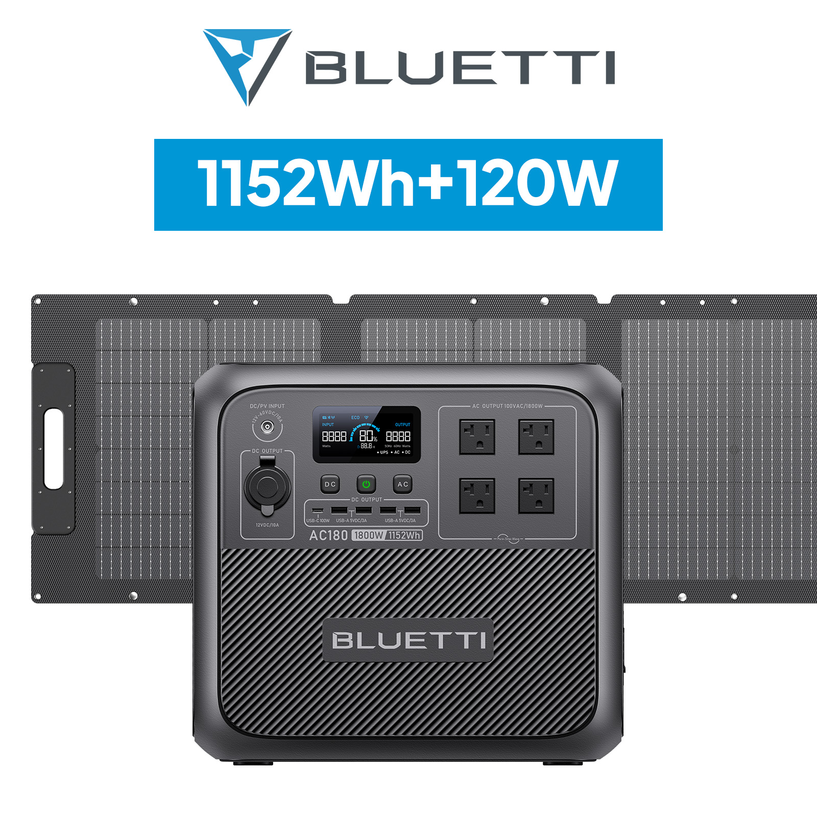 BLUETTI ポータブル電源 ソーラーパネル セット AC180+120W 1152Wh/1800W 蓄電池 大容量 太陽光発電 節電対策 防災用 アウトドア キャンプ 車中泊