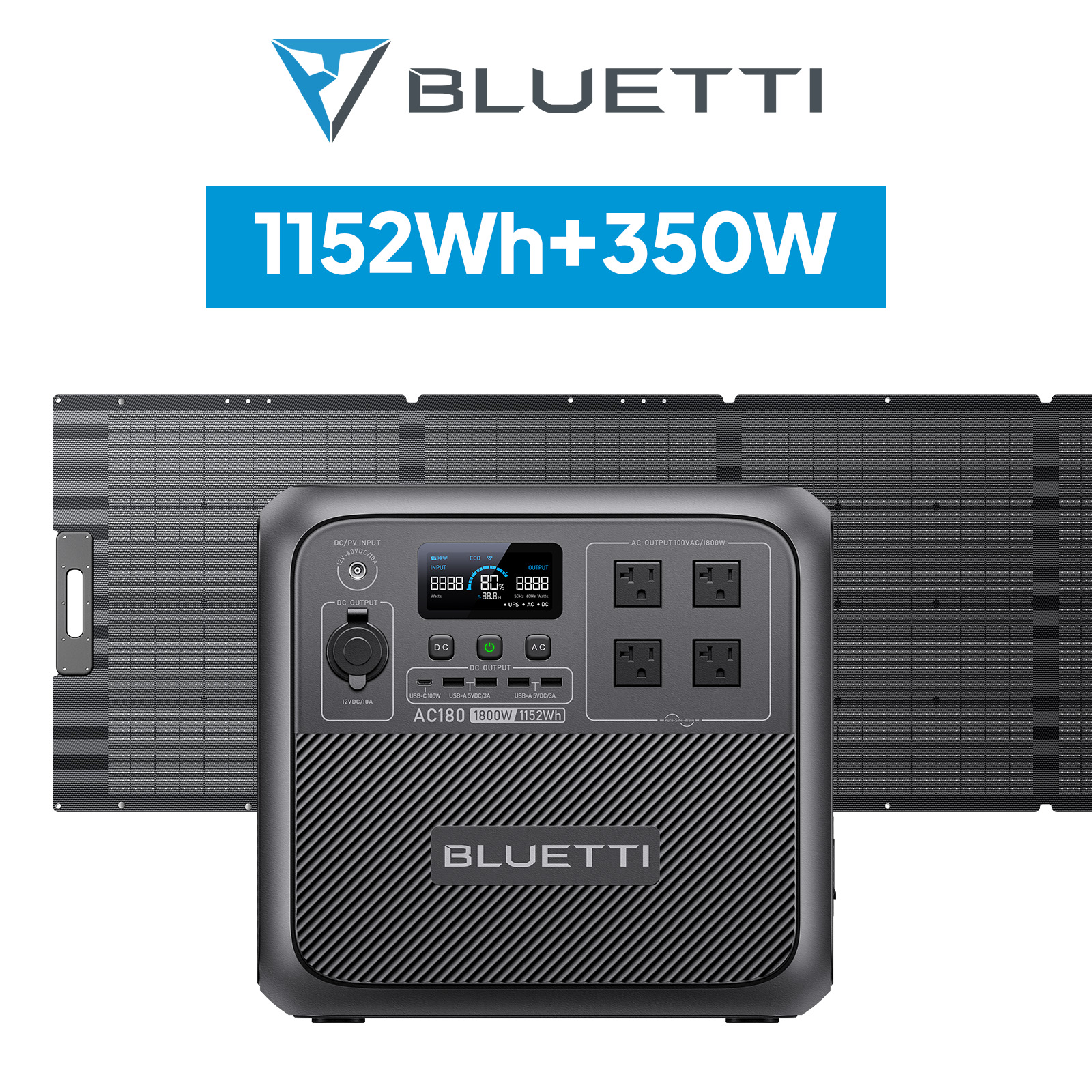 BLUETTI ポータブル電源 ソーラーパネル セット AC180+PV350W 1152Wh/1800W 蓄電池 大容量 太陽光発電 節電対策  防災用 アウトドア キャンプ 車中泊 : ac180set3 : BLUETTI JAPAN ヤフーショップ - 通販 - Yahoo!ショッピング