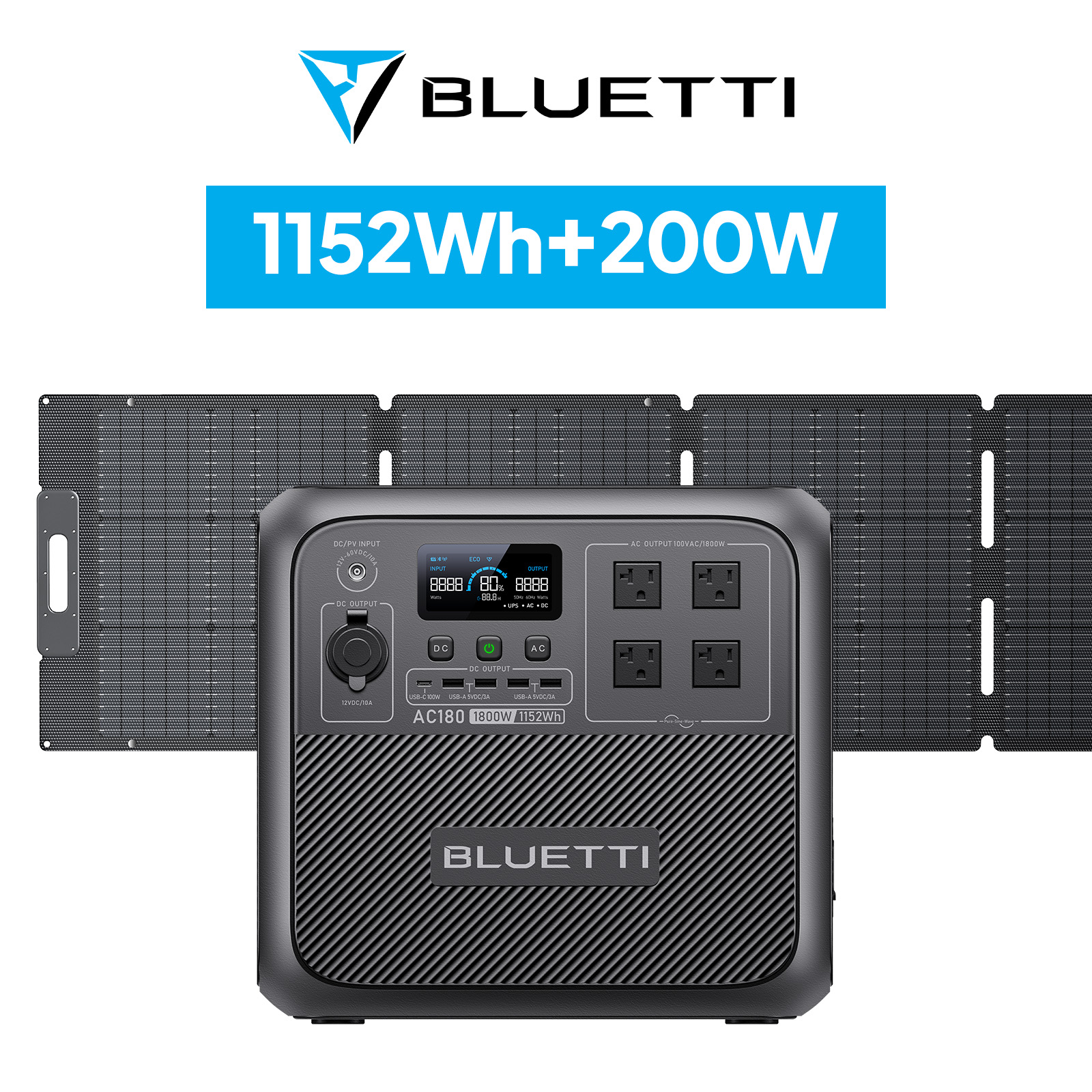 BLUETTI ポータブル電源 ソーラーパネル セット AC180+200W 1152Wh/1800W 蓄電池 大容量 太陽光発電 節電対策 防災用  アウトドア キャンプ 車中泊