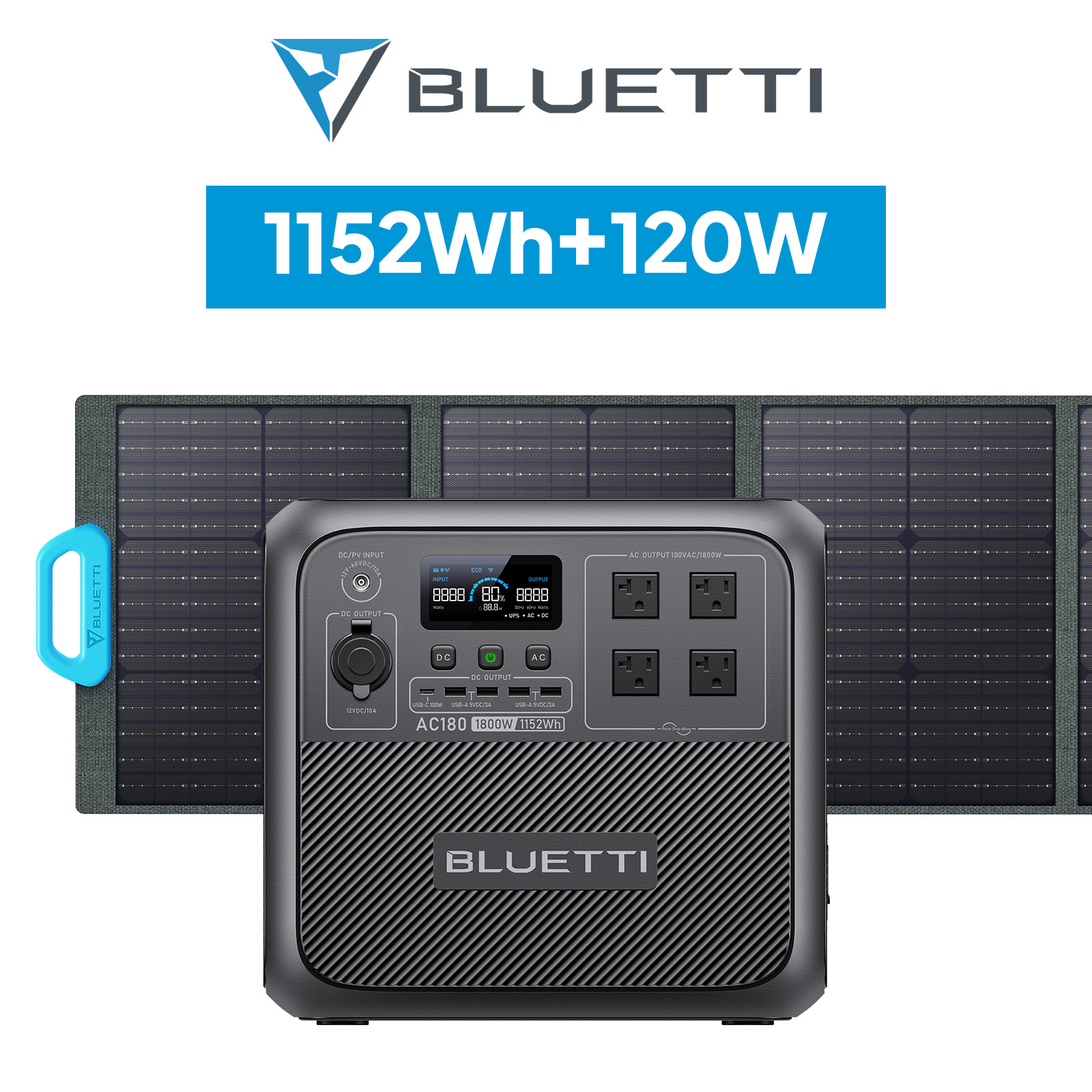 BLUETTI ポータブル電源 ソーラーパネル セット AC180+PV120W 1152Wh/1800W 蓄電池 大容量 太陽光発電 節電対策 防災用 アウトドア キャンプ 車中泊｜poweroak