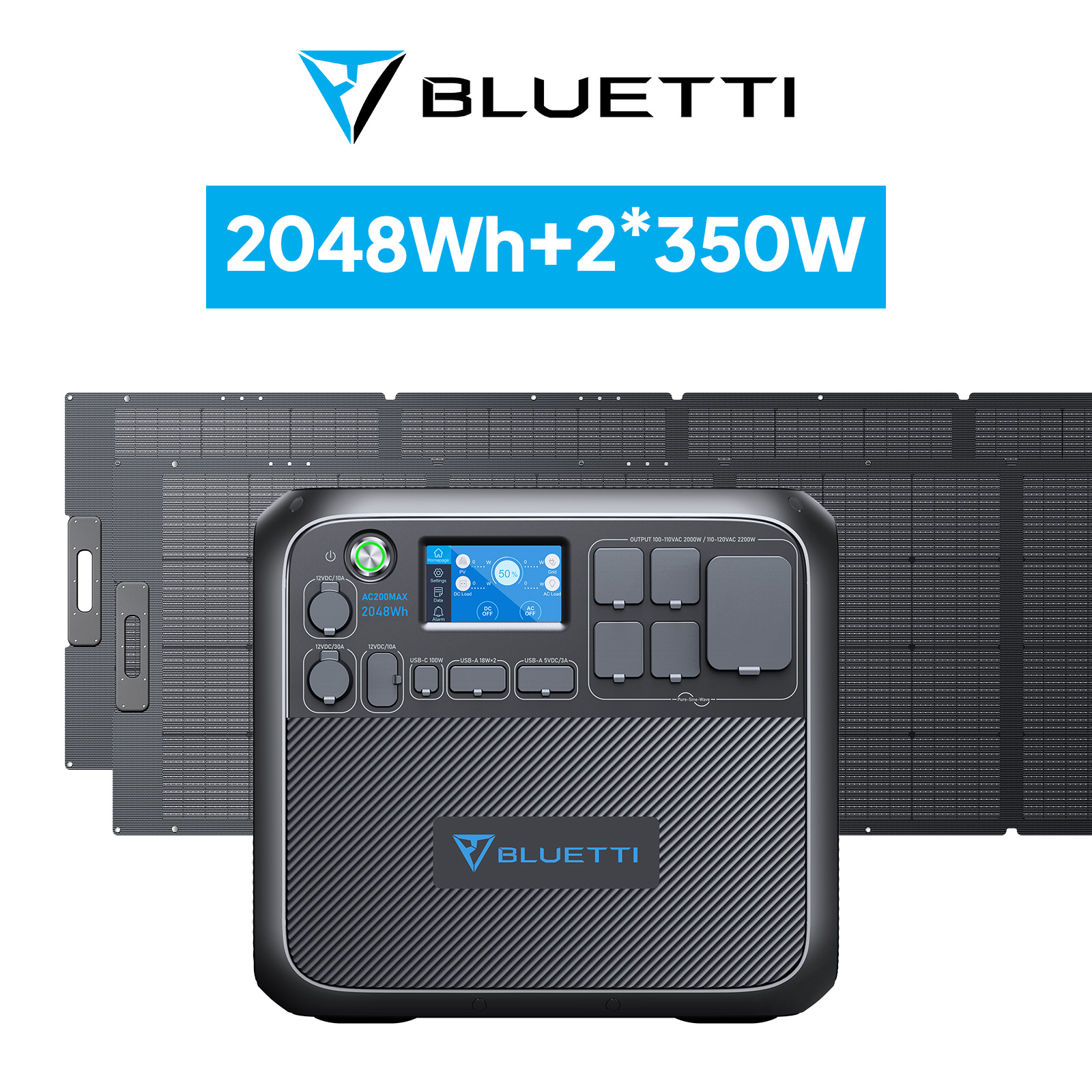 BLUETTI AC200MAX+2枚350Wソーラーパネル 三点セット ポータブル電源 ソーラーパネル セット 大容量 蓄電池 家庭用 2000Wh+700W リン酸鉄 防災用 | BLUETTI