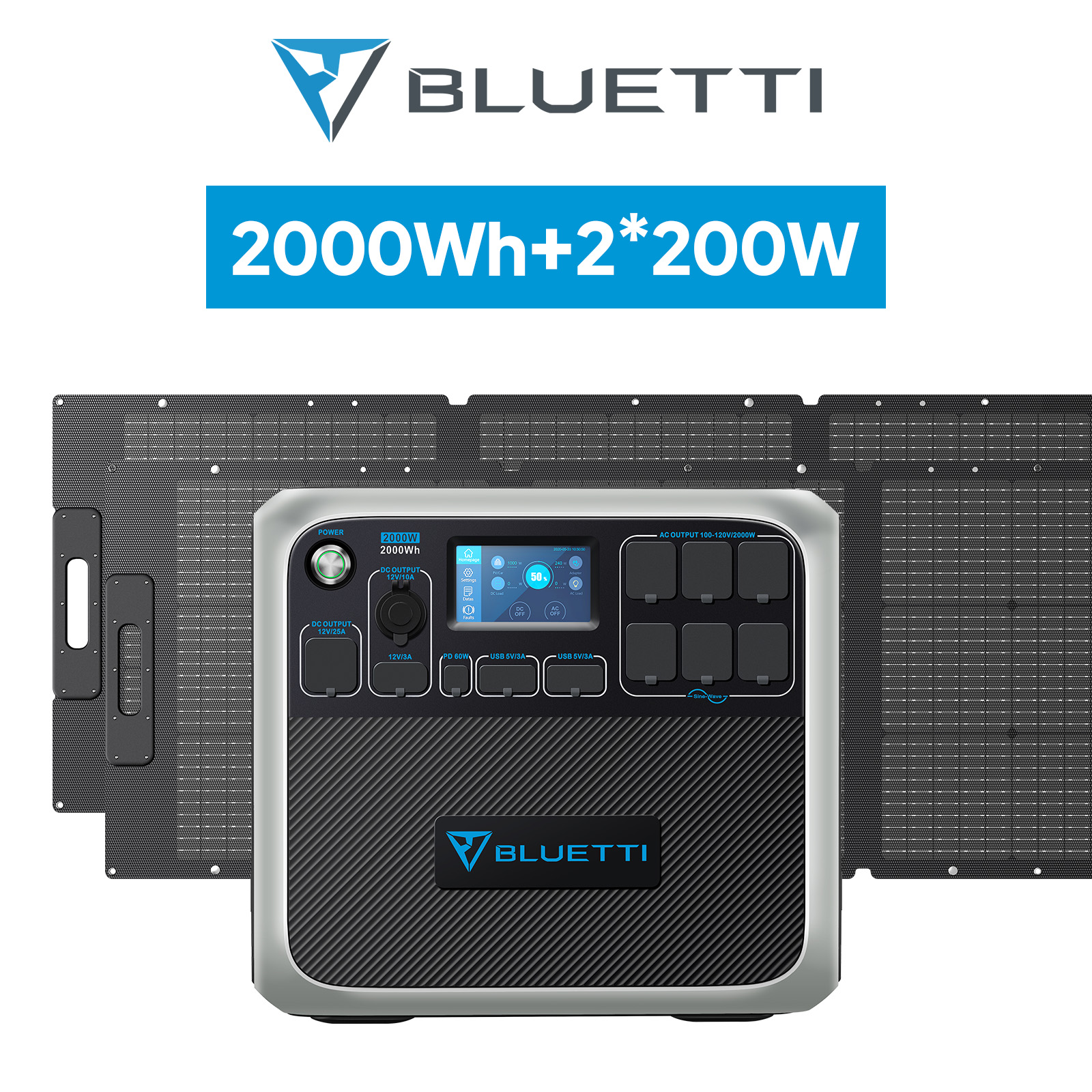 BLUETTI AC200P+2枚200W ポータブル電源 ソーラーパネル セット 大容量 2000Wh/2000W 大出力 リン酸鉄 蓄電池 家庭用バッテリー 急速充電 停電対策｜poweroak