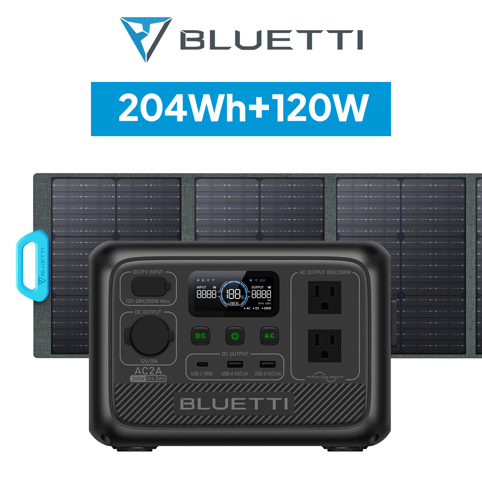 BLUETTI ポータブル電源 ソーラーパネル セット AC2A+120W 204Wh/300W 小型軽量 家庭用 蓄電池 5年保証 (サージ600W) UPS機能 スマホ対応 アウトドア用｜poweroak