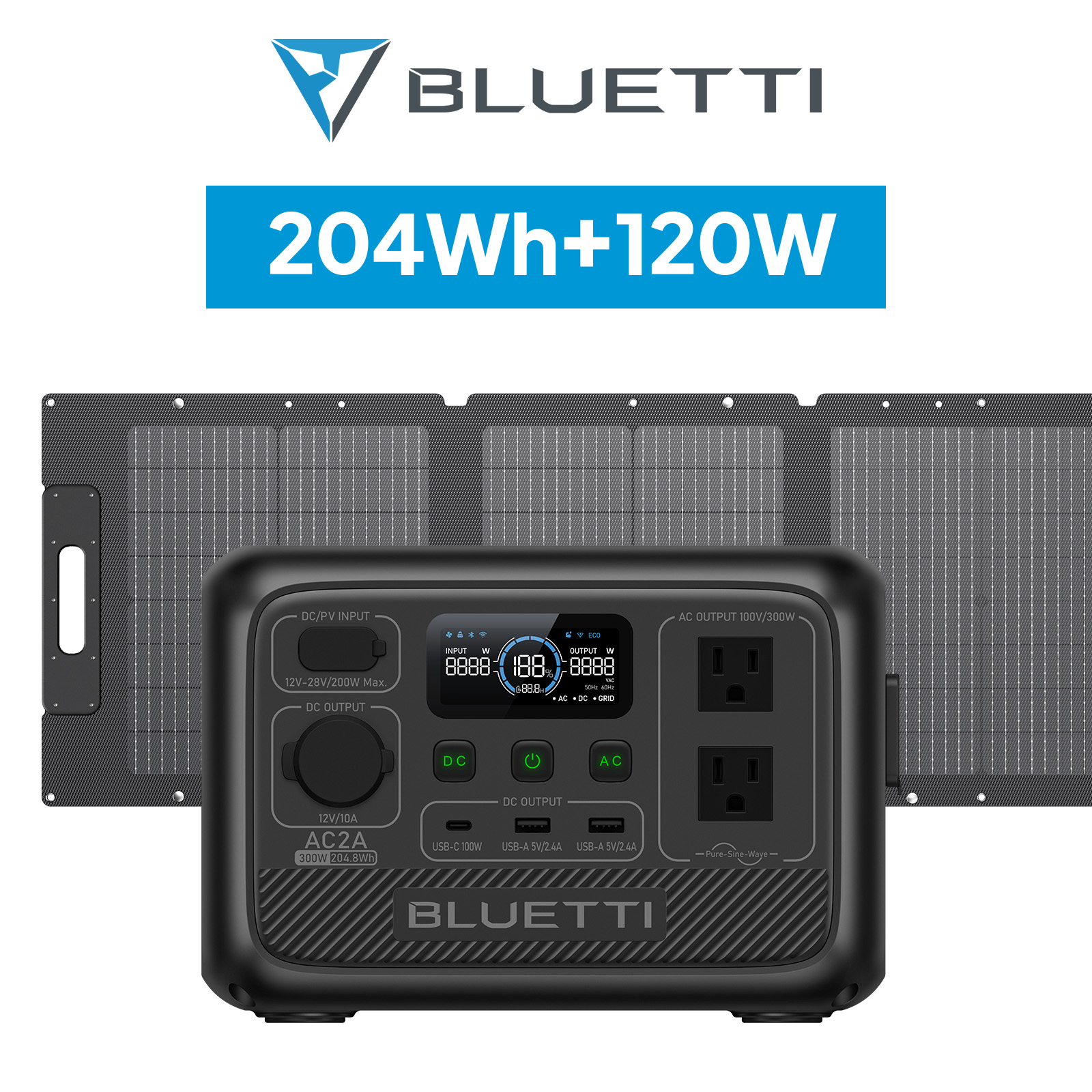 BLUETTI ポータブル電源 ソーラーパネル セット AC2A+120W 204Wh/300W 小型軽量 家庭用 蓄電池 5年保証 (サージ600W) UPS機能 スマホ対応 アウトドア用