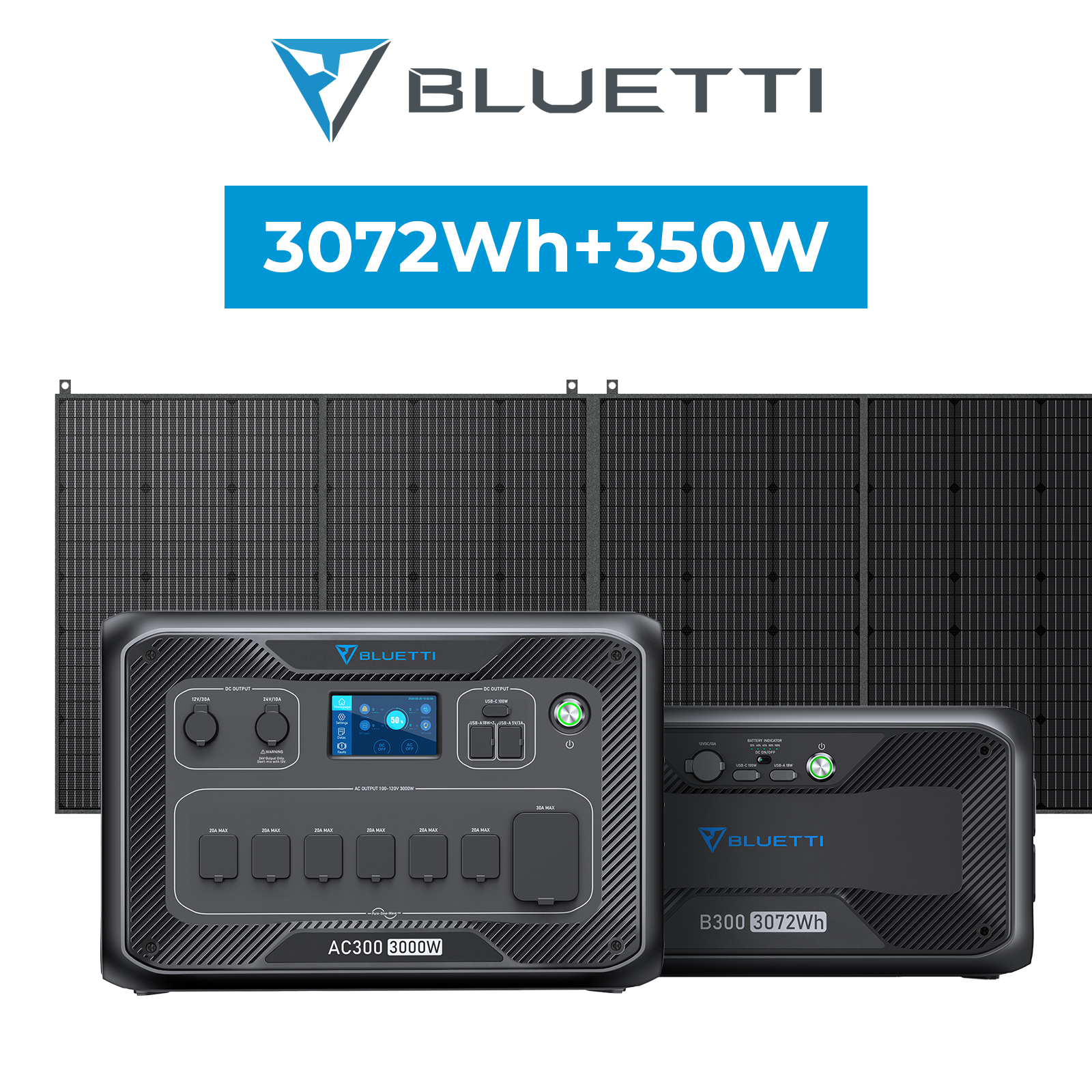 BLUETTI ポータブル電源 ソーラーパネル セット AC300+B300+PV350 三点セット 大容量 蓄電池 家庭用 3000W 容量増設3072Wh 350W高転換率 発電機 防災 停電｜poweroak