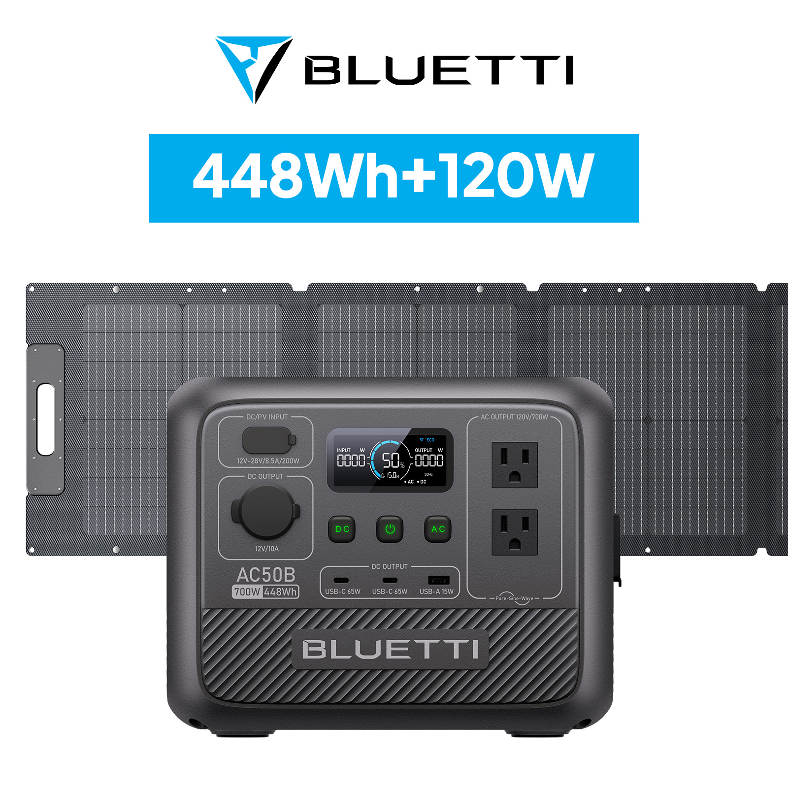 BLUETTI ポータブル電源 ソーラーパネル セット AC50B+120W 448Wh/700W 小型軽量 家庭用 蓄電池 5年保証  (サージ1000W) UPS機能 防災節電 アウトドア キャンプ