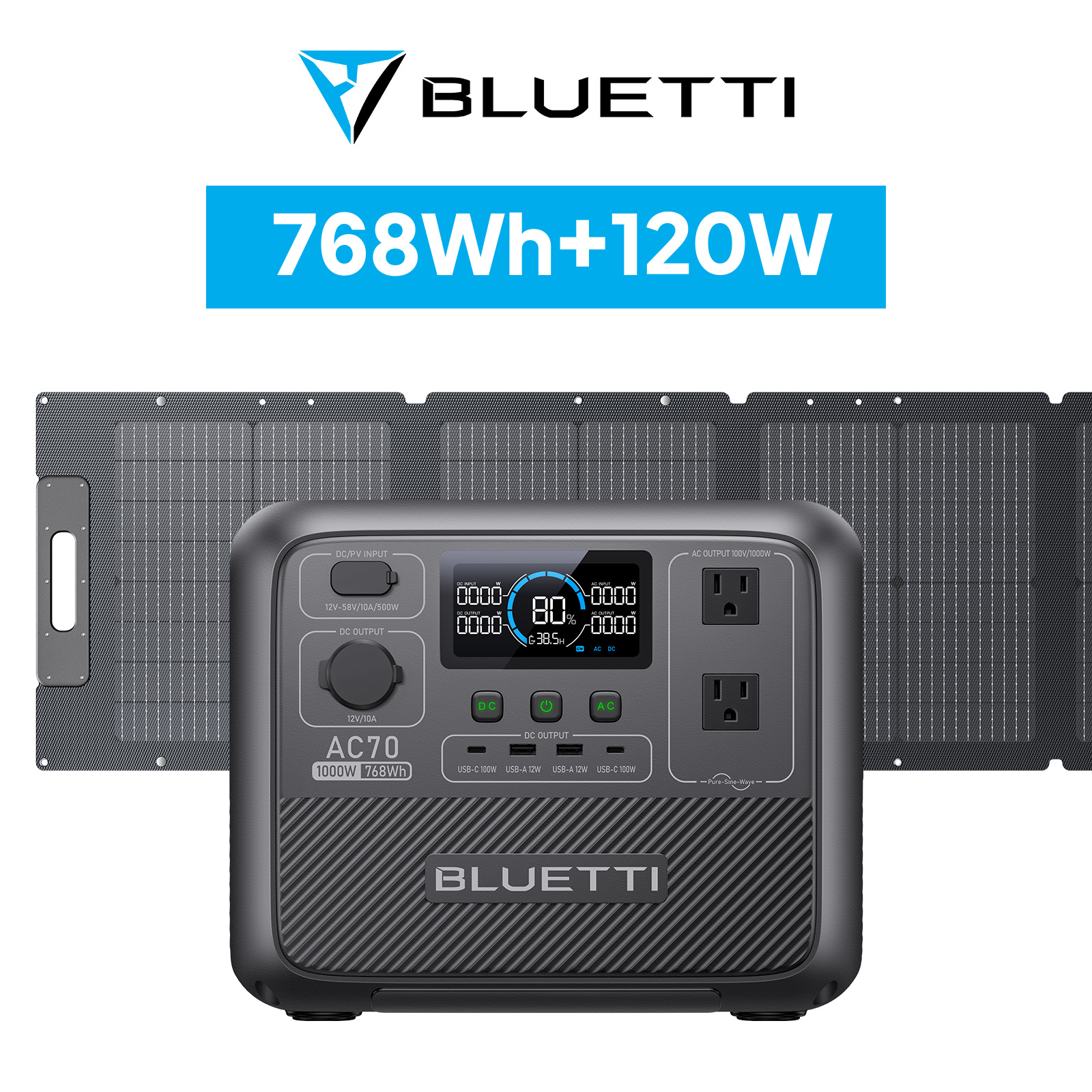 BLUETTI ポータブル電源 ソーラーパネル セット AC70+120W 768Wh/1000W 大容量 家庭用 蓄電池 5年保証 バックアップ電源  (サージ2000W) UPS機能