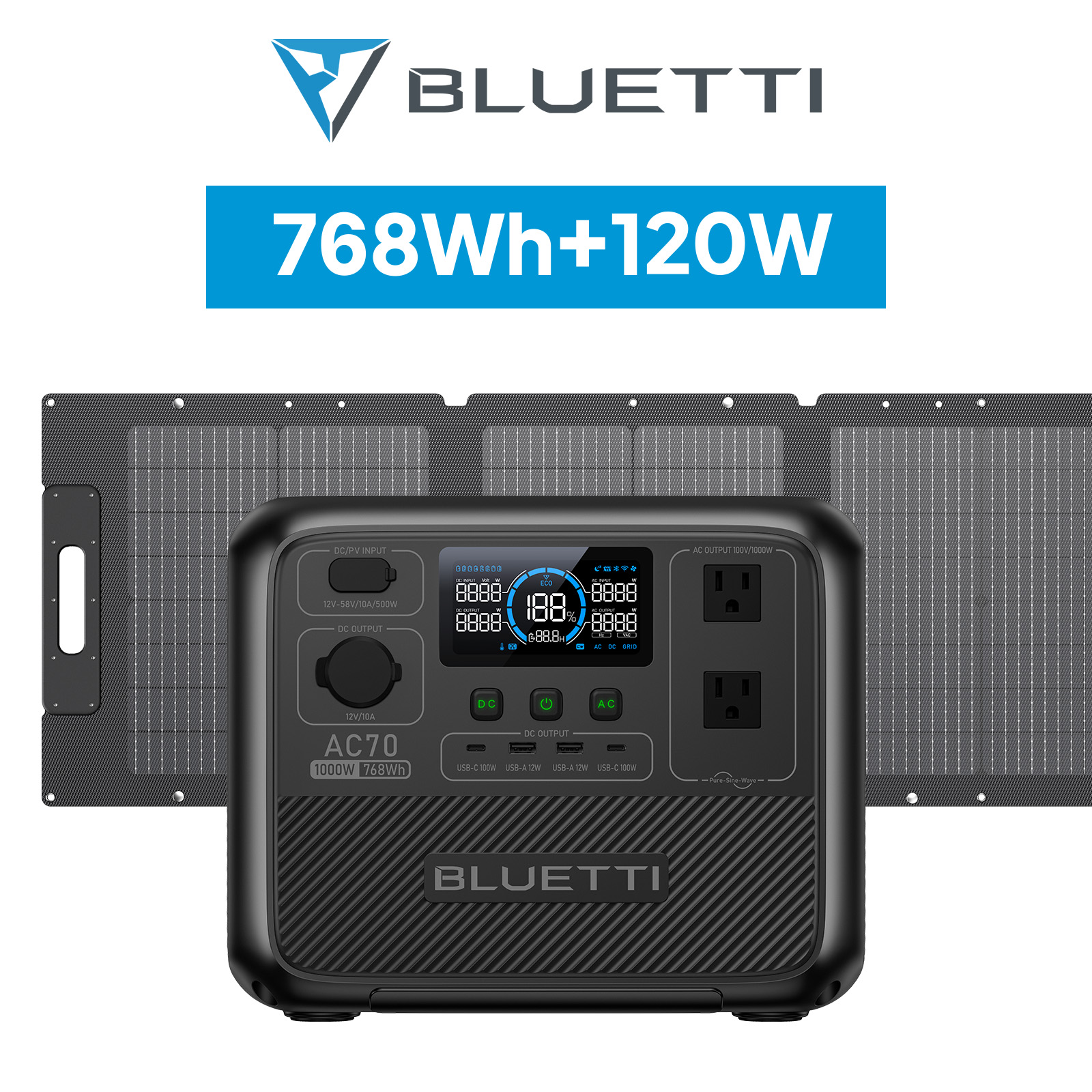 BLUETTI ポータブル電源 ソーラーパネル セット AC70+120W 768Wh/1000W 大容量 家庭用 蓄電池 5年保証 バックアップ電源 (サージ2000W) UPS機能｜poweroak