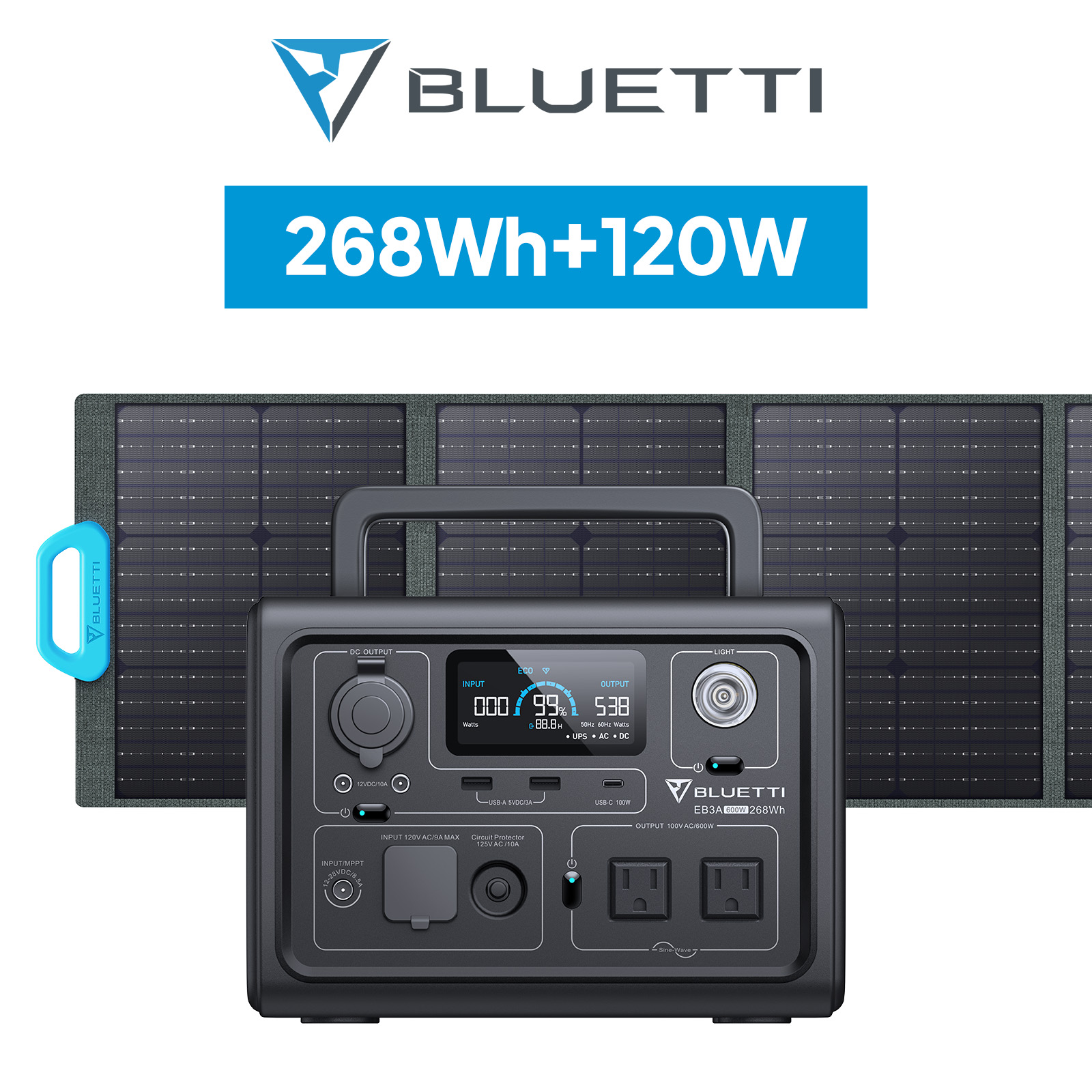 BLUETTI ポータブル電源 ソーラーパネル セット EB3A+PV120W 軽量 小型 蓄電池 家庭用 268Wh/600W 120W リン酸鉄リチウムイオン UPS機能