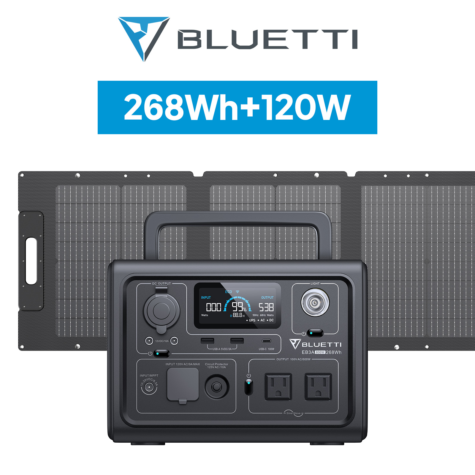 BLUETTI ポータブル電源 ソーラーパネル セット EB3A+120W 軽量 小型 蓄電池 家庭用 268Wh/600W 120W リン酸鉄リチウムイオン UPS機能｜poweroak